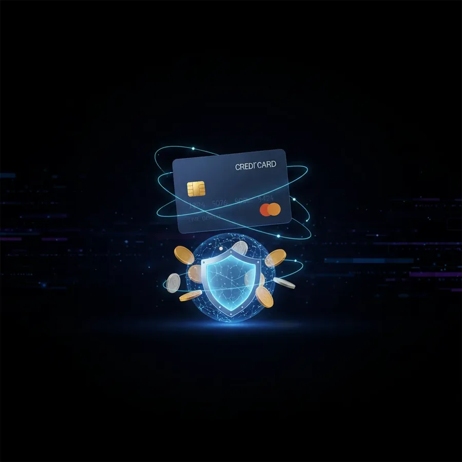 Carte bancaire et pièces devant un bouclier lumineux